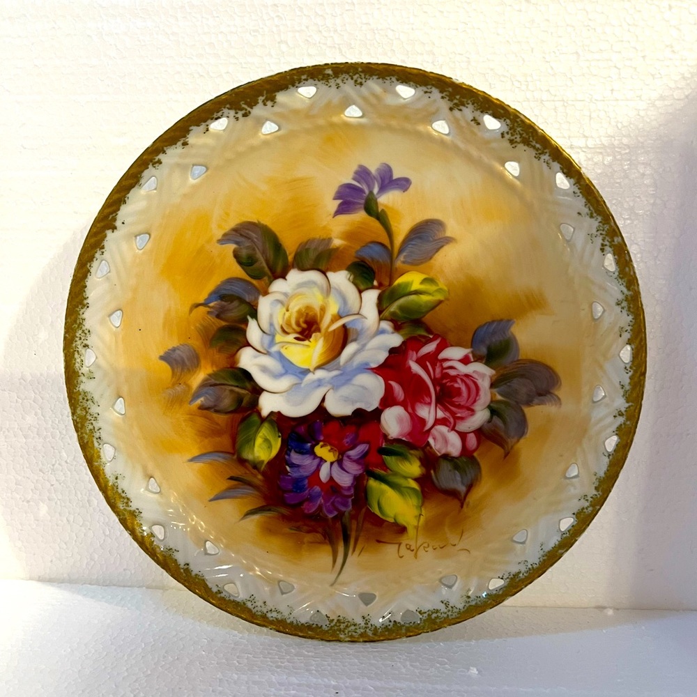 Vintage Norleans China 8 1/4” Floral Roses Signed Decorative Plate Gold Trim